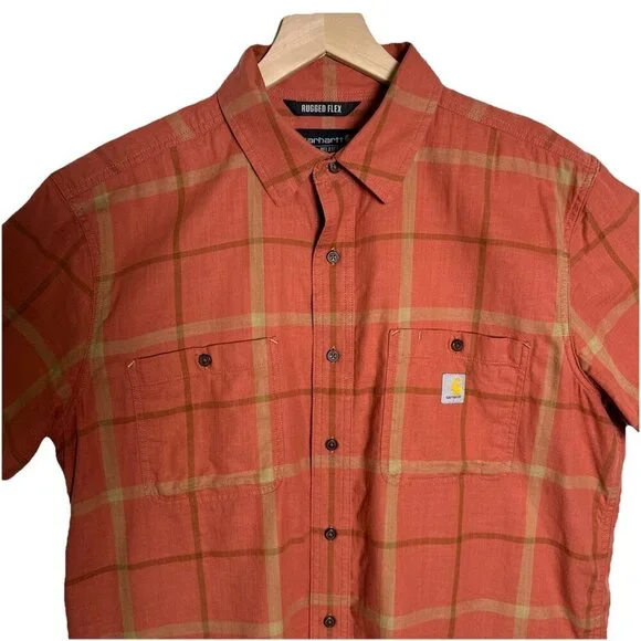 Carhartt Large Relaxed Rugged Flex Button Up Shirt Mens Orange Plaid Workwear - Picture 4 of 14